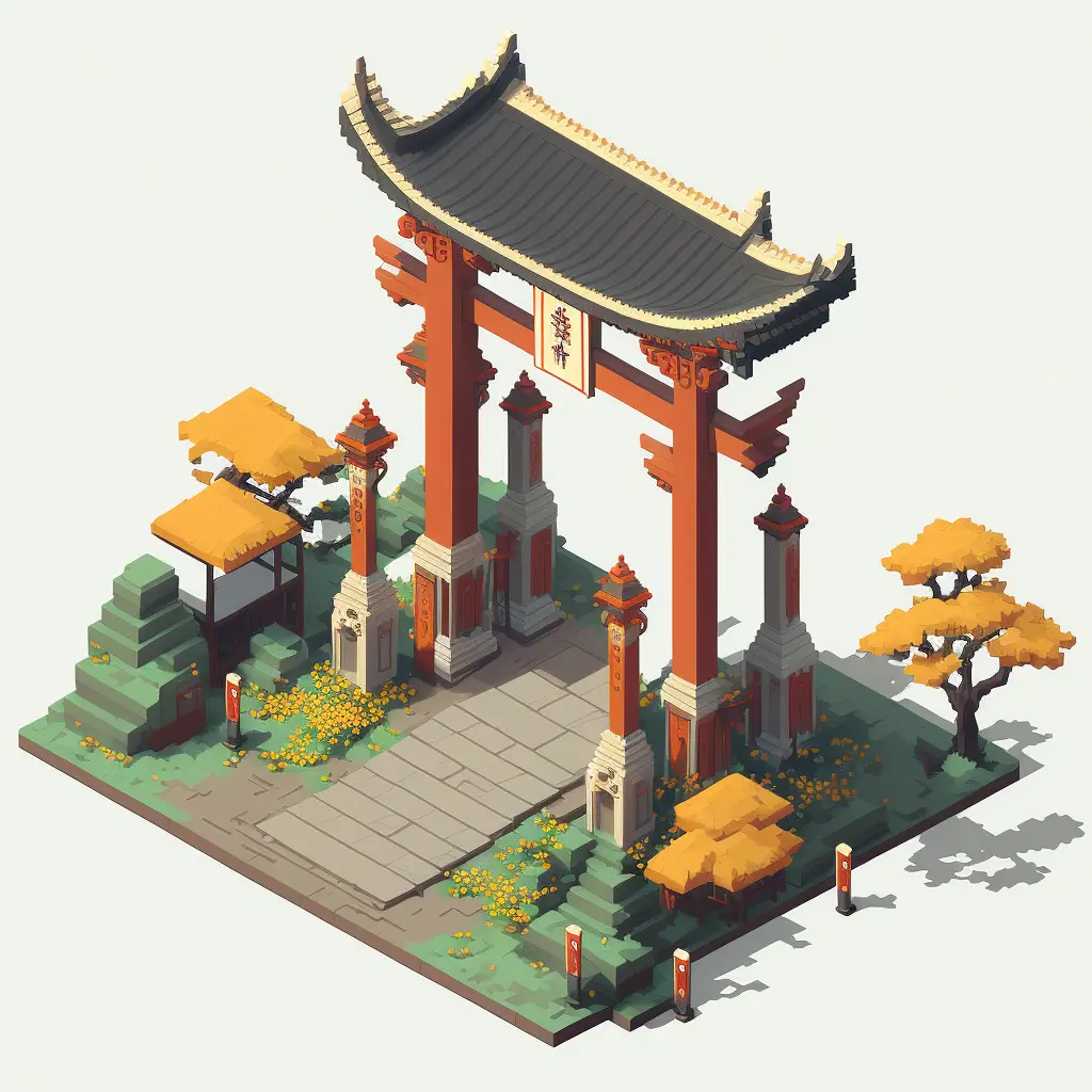 Isometric clean pixel art image of a old Japanese gate